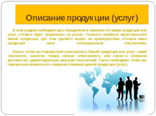 Описание продукции (услуг) 		В этом разделе необходимо дать определение и опи