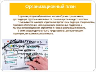 Организационный план 	В данном разделе объясняется, каким образом организован