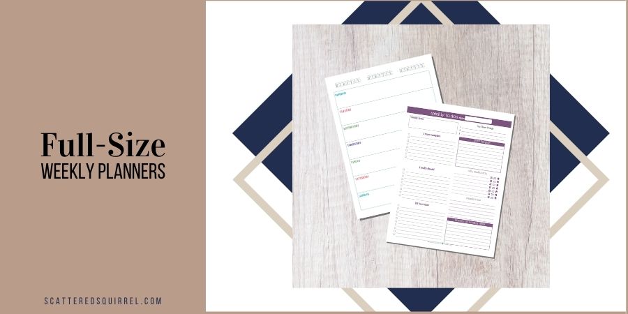 Full-size weekly planners print on US letter paper.