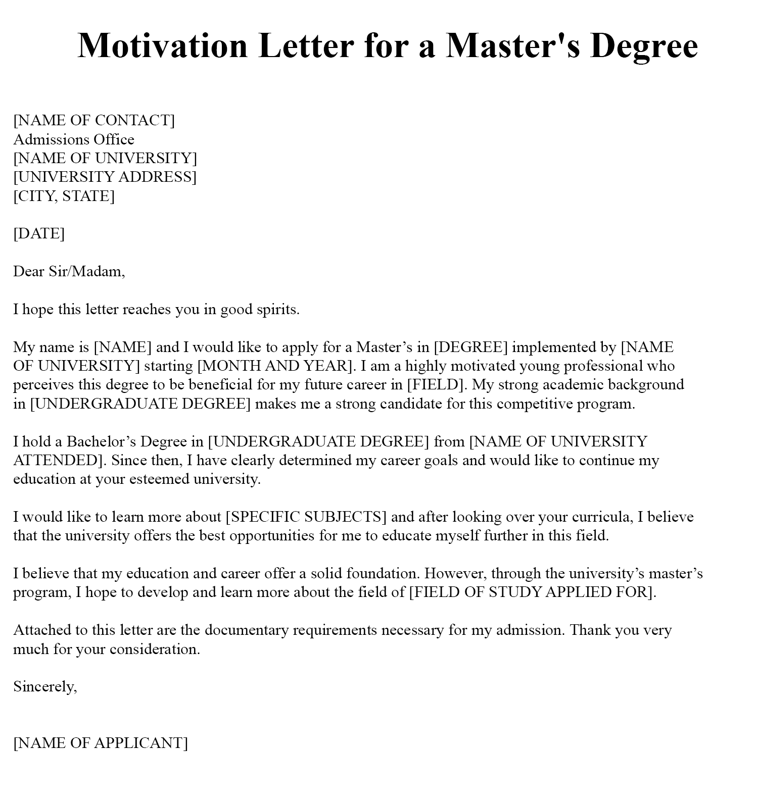 Motivation Letter For Master Degree Sample PDF